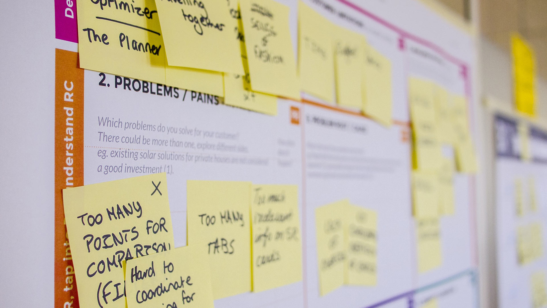 A colorful planning wall with several post-it notes of marketing plans and details.